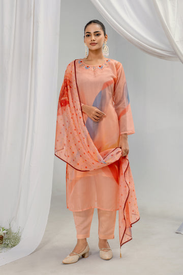 Straight Fit Embroidery Kurta Set with Dupatta