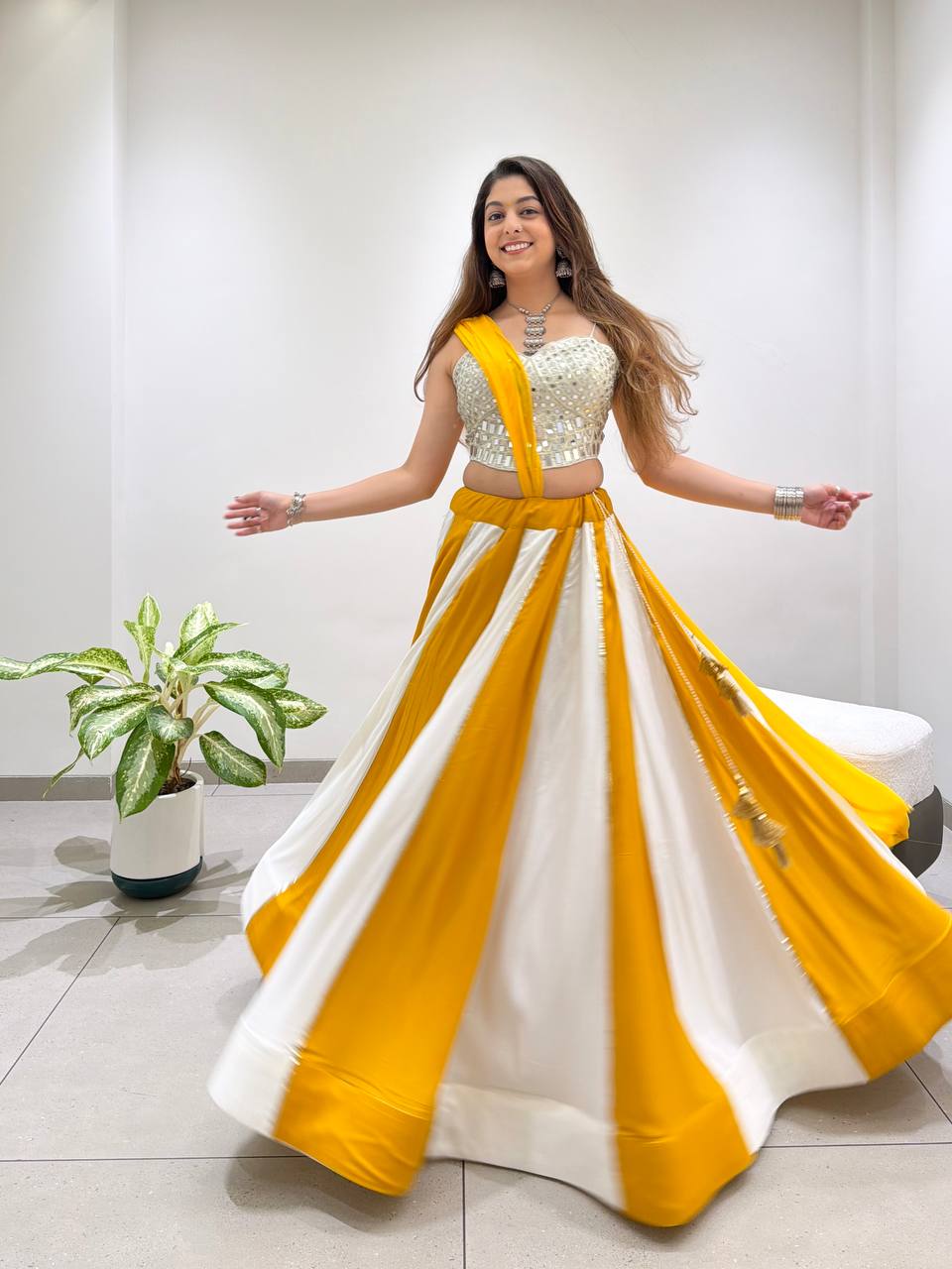 Yellow White Lehenga Set